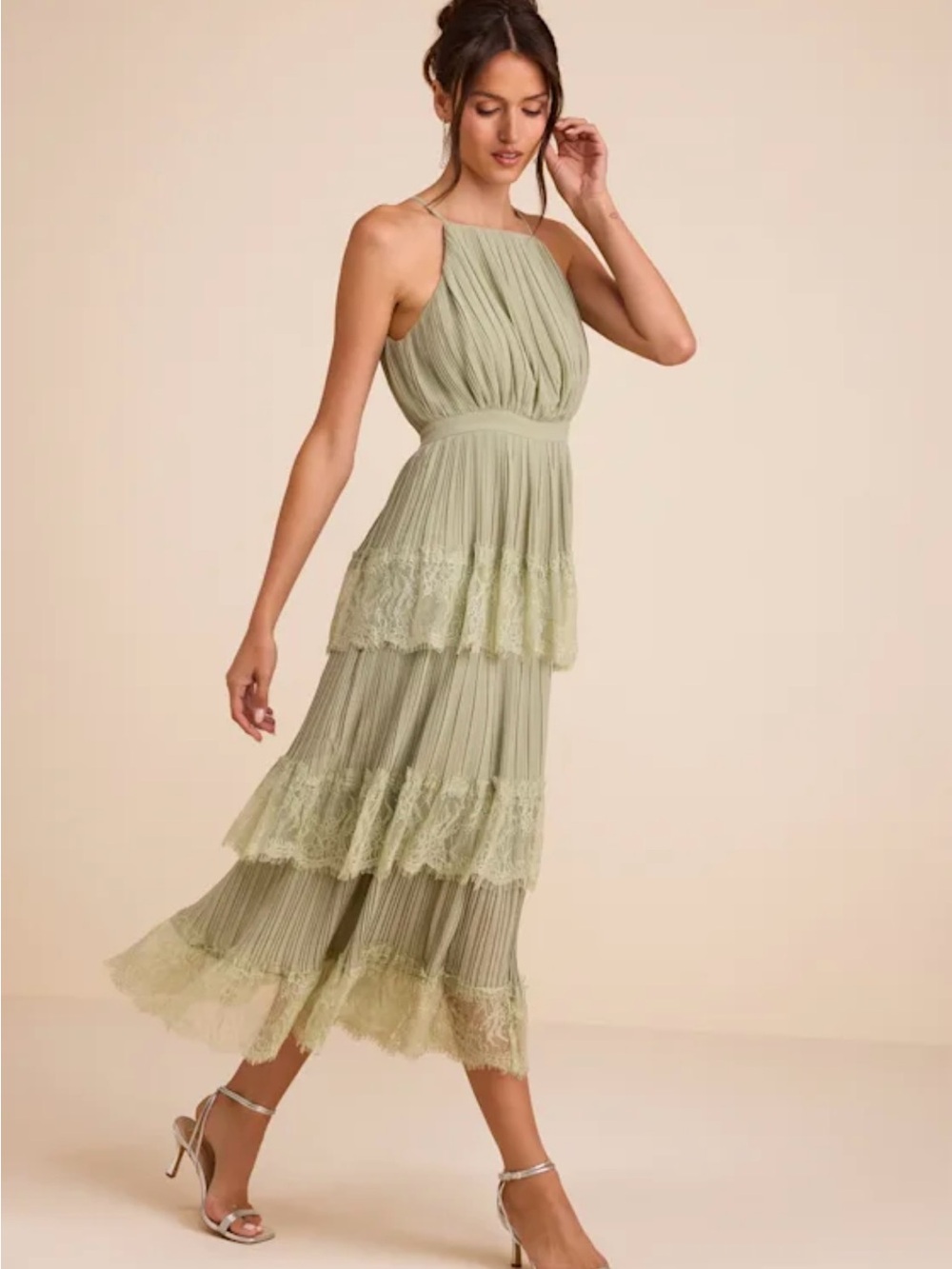 Lulu's Sage Green Halter Tiered Lace Midi Dress
